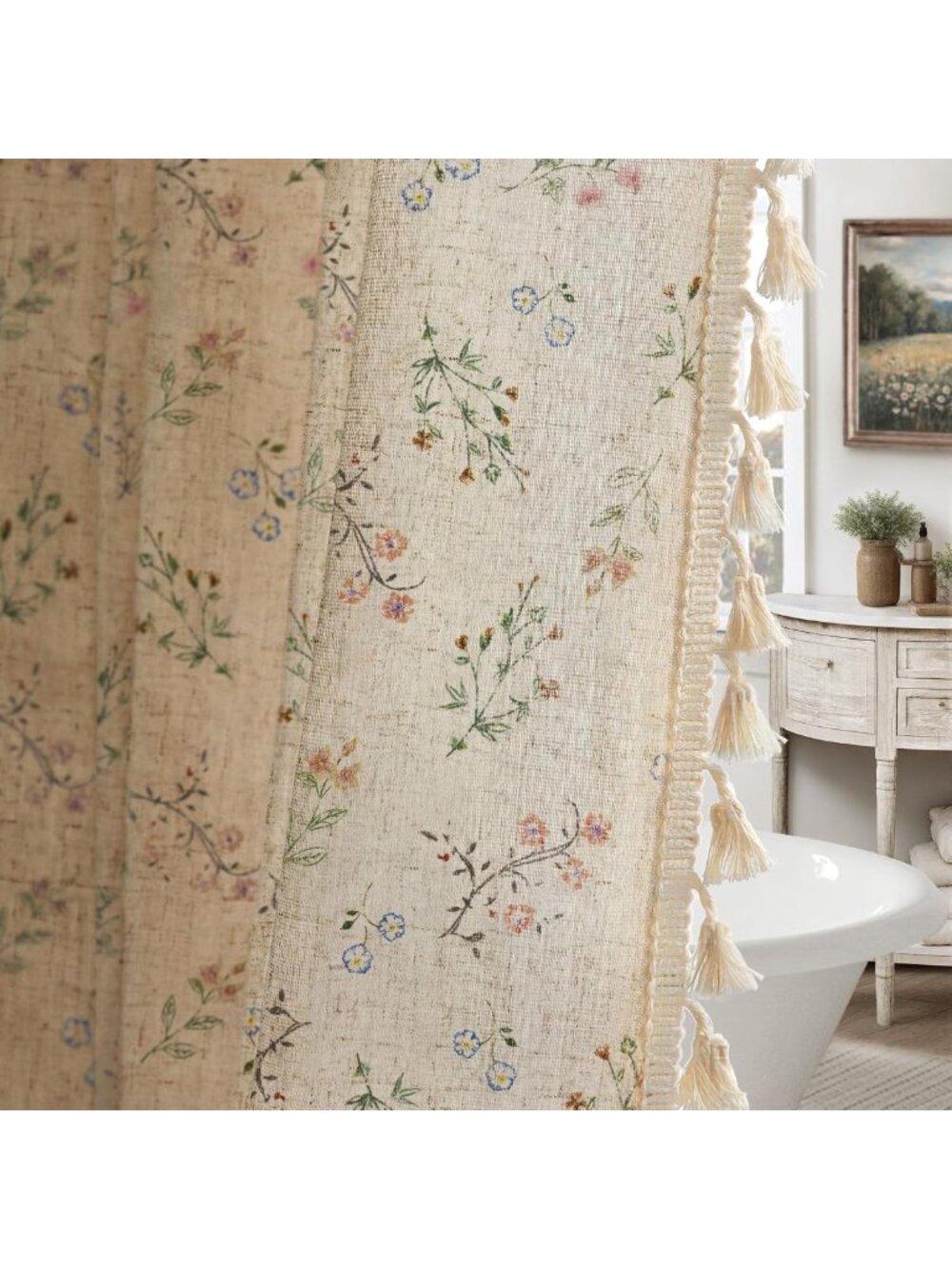 Vintage Floral Linen Shower Curtain with Tassels - Farmhouse Style 72x72